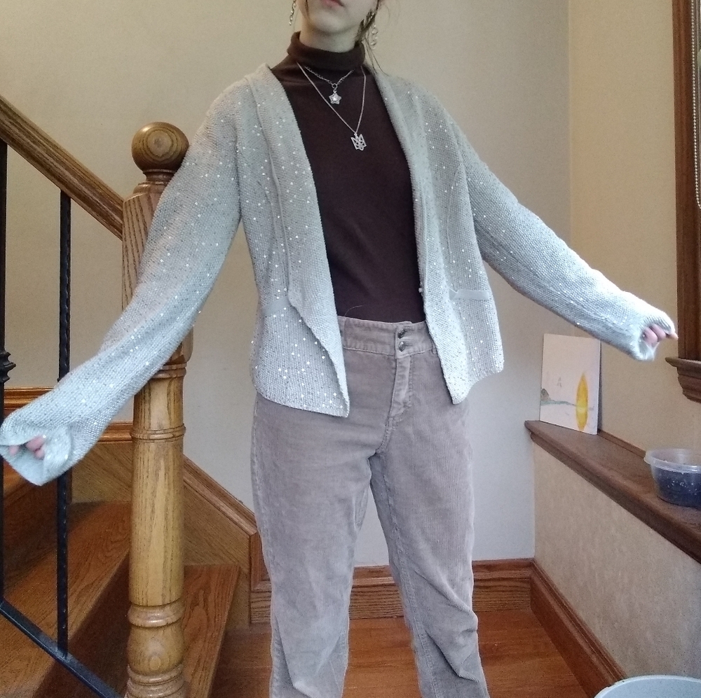 Beige and gold sequin knit cardigan sweater